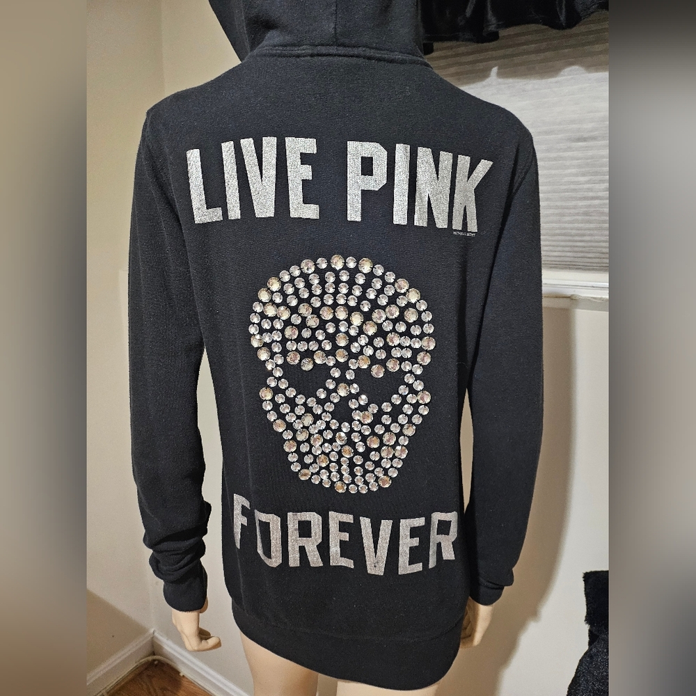 Victoria Secret Live Pink Forever Rhinestone Skull Hoodie sz Small Rare Black